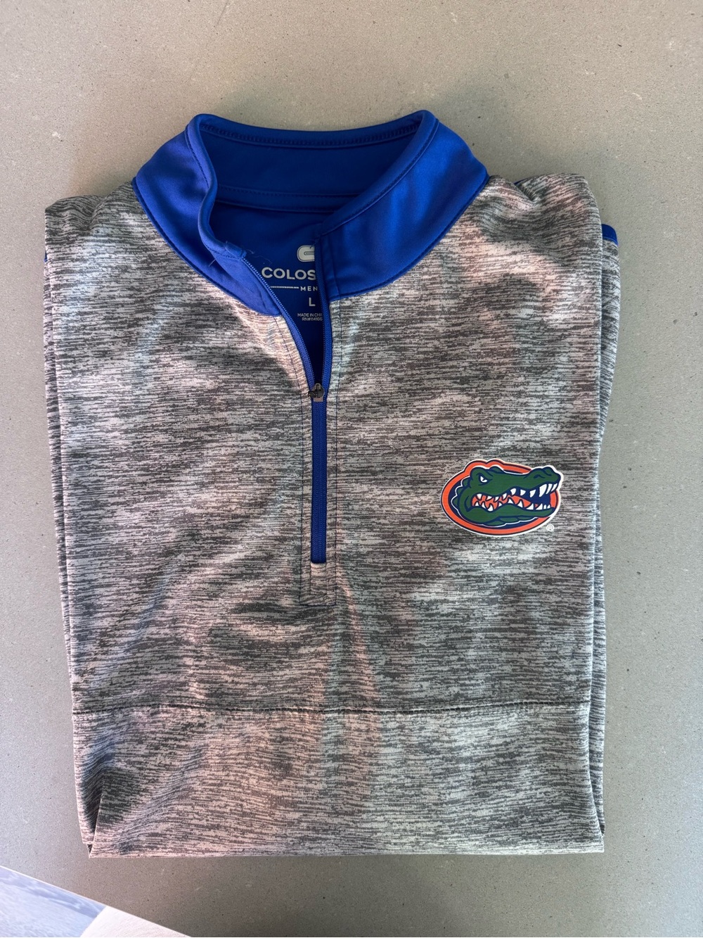 Colosseum Heather Gray 1/4 Zip with Royal Blue Trim and Florida Gators Logo
